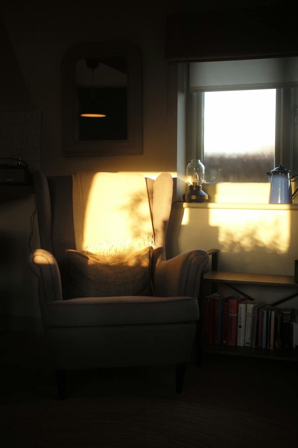 Poltrona accogliente con coperta accanto a una libreria.